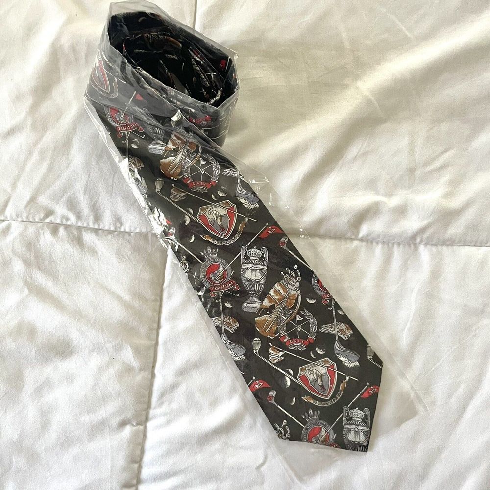 New Tie Mania Golf Print Necktie Black Red Grey Trophy Unique
